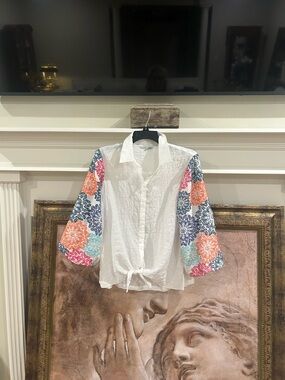 John Mark White Button-Front Blouse with Multicolor Floral Sleeves